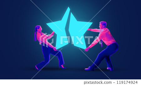 Man and woman in business suit push together two halves of star to complete it. Collaboration and uniting efforts to achieve success. 119174924