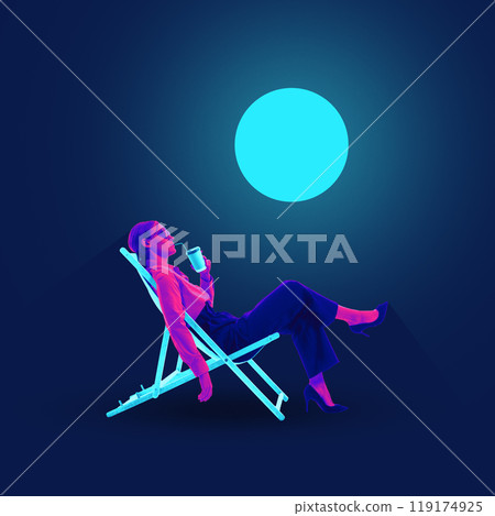 Businesswoman reclining in lounge chair, sipping from cup under glowing moon. Balancing work with relaxation and enjoying achievements. 119174925