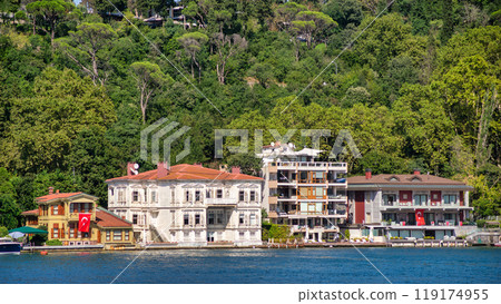 Green mountains of the Asian side of Bosphorus strait, with traditional houses and dense trees in a summer day 119174955