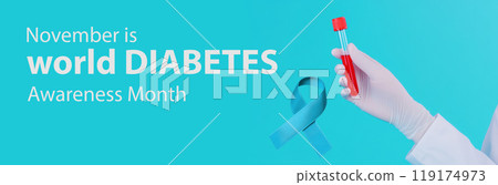 Promotional banner. World Diabetes Month in November, featuring hand in glove holding test tube with blue ribbon symbolizing diabetes awareness. 119174973