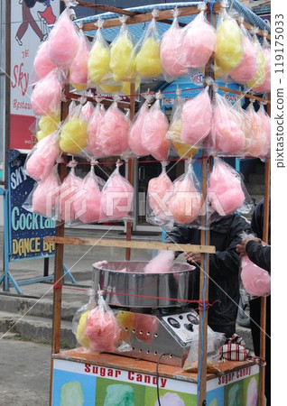 Nepal, Pokhara, festival stall, cotton candy Nepal, Pokhara, festival stall, cotton candy 119175033