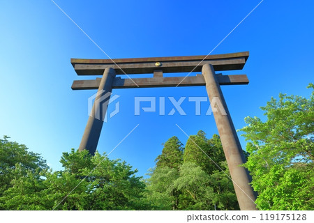 [Wakayama Prefecture] The great torii gate of Oyunohara on a clear day (Kumano Hongu Taisha Shrine) 119175128