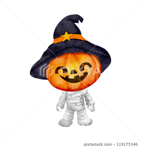 Watercolor zombie monster with pumpkin head. Cheerful friendly zombie for Halloween, with a witch hat on his head. Cute and smiling character hand drawn in watercolor Watercolor zombie monster with pumpkin head. Cheerful friendly zombie for Halloween, with a witch hat on his head. Cute and smiling character hand drawn in watercolor 119175346
