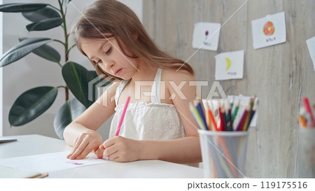 Young girl concentrating on drawing at the desk at home or school class room Young girl concentrating on drawing at the desk at home or school class room 119175516