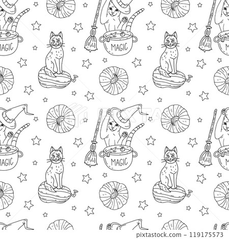 Seamless pattern with cute hand drawn Halloween witchy cats making magic potion in cauldron 119175573