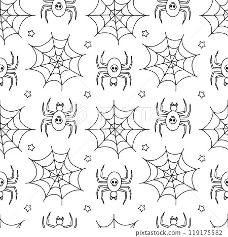 Seamless pattern with hand drawn Halloween spiders and cobweb 119175582