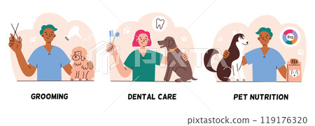 Vector illustration of veterinary and grooming services, dental care for pets, domestic animals nutrition. Flat cartoon design, perfect for pet care, vet clinics, and animal healthcare related themes 119176320