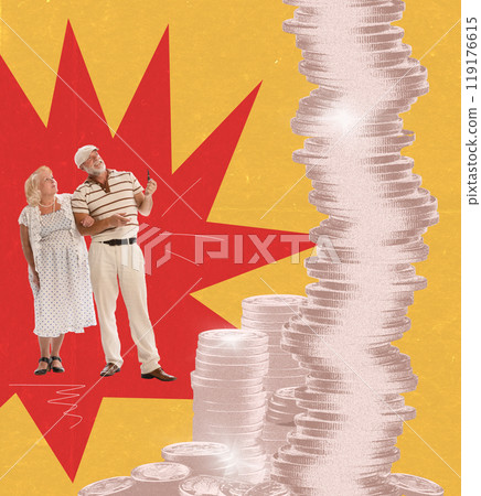 Senior couple looking up at towering stack of coins, representing long-term financial growth and retirement security. Contemporary art collage. Senior couple looking up at towering stack of coins, representing long-term financial growth and retirement security. Contemporary art collage. 119176615