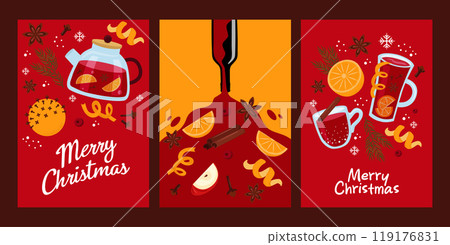 Stock vector christmas card set. Mulled wine, orange, spices, bottle of wine on red background. Stock vector christmas card set. Mulled wine, orange, spices, bottle of wine on red background. 119176831