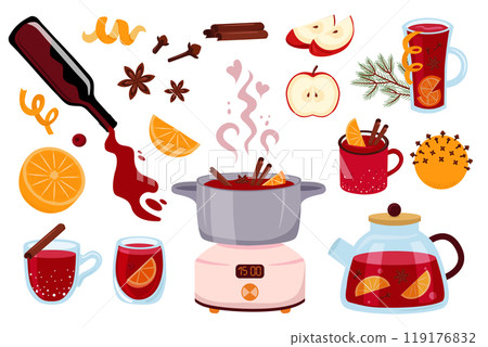 Stock vector mulled wine ingredients. Punch in glasses, mugs, pot. Red wine, citrus, spices. Vector illustration set. Stock vector mulled wine ingredients. Punch in glasses, mugs, pot. Red wine, citrus, spices. Vector illustration set. 119176832