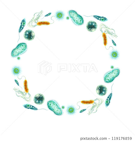 Bacteria and microbes. Round frame of microscopic creatures. For use in the design of hygienic and medical products. For printing books and educational brochures. Turquoise, green and orange colors. 119176859