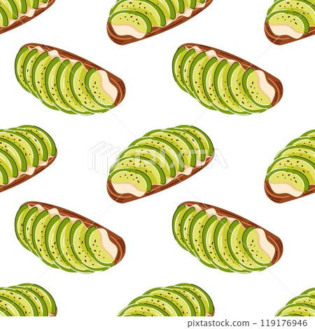 Seamless pattern with avocado toast slice in flat style. Perfect for healthy food design, restaurant menu, kitchen decor or packaging. Ideal for food related project and branding. Seamless pattern with avocado toast slice in flat style. Perfect for healthy food design, restaurant menu, kitchen decor or packaging. Ideal for food related project and branding. 119176946