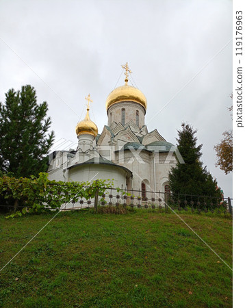 Cathedral of the Nativity of the Blessed Virgin Mary on a hill behind a fence in Zvenigorod 119176963
