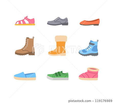Kids shoes collection. Basic types of footwear for children. Sneakers, sandals, winter boots, ballet flats, espadrilles. Simple color flat icons for kids clothing shop. Side view pictograms, isolated Kids shoes collection. Basic types of footwear for children. Sneakers, sandals, winter boots, ballet flats, espadrilles. Simple color flat icons for kids clothing shop. Side view pictograms, isolated 119176989
