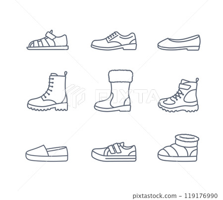Kids shoes collection. Basic types of footwear for children. Sneakers, sandals, winter boots, ballet flats, espadrilles. Simple line icons for kids clothing shop. Outline pictograms, editable stroke Kids shoes collection. Basic types of footwear for children. Sneakers, sandals, winter boots, ballet flats, espadrilles. Simple line icons for kids clothing shop. Outline pictograms, editable stroke 119176990