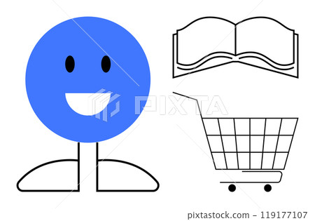 A blue smiling face next to a black outlined open book and shopping cart. Ideal for education, online shopping, reading, happiness and consumerism. Simple and modern style A blue smiling face next to a black outlined open book and shopping cart. Ideal for education, online shopping, reading, happiness and consumerism. Simple and modern style 119177107
