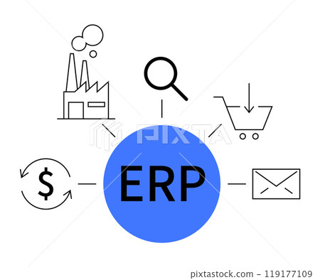 ERP at center connected to symbols representing manufacturing, finance, procurement, communication, and search. Ideal for software implementation, business management, supply chain, enterprise ERP at center connected to symbols representing manufacturing, finance, procurement, communication, and search. Ideal for software implementation, business management, supply chain, enterprise 119177109