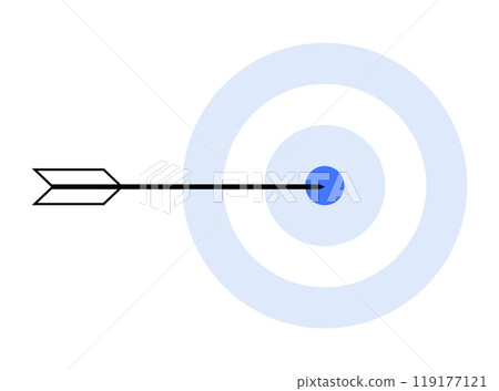 An arrow hitting the center of a blue target with concentric circles. Ideal for business goals, focus, precision, success, and achievement. Simple graphic style, minimalistic design, clear visual 119177121