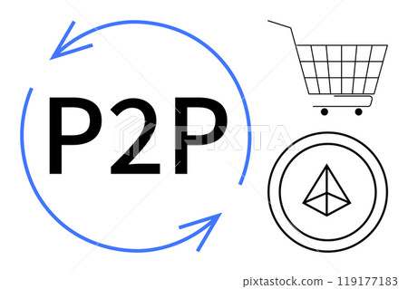 P2P with circular arrows, a shopping cart, and a blockchain symbol. Ideal for trading, digital currency, decentralized services, e-commerce, modern transactions. Simple vector style 119177183