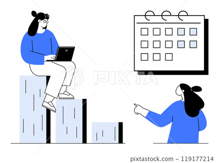 Woman working on a laptop while sitting on graph bars. Another person pointing at a calendar. Ideal for business growth, statistics, planning, scheduling, and data analysis. Minimalist vector style Woman working on a laptop while sitting on graph bars. Another person pointing at a calendar. Ideal for business growth, statistics, planning, scheduling, and data analysis. Minimalist vector style 119177214