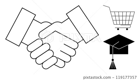 Handshake with graduation cap and shopping cart symbols. Ideal for business partnerships, agreements, education, shopping, and learning. Black and white, line art style 119177357