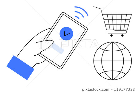 A hand using a smartphone with a checkmark, a shopping cart, and a globe. Ideal for mobile payments, online shopping, global e-commerce, digital transactions, internet connectivity. Minimalist vector 119177358