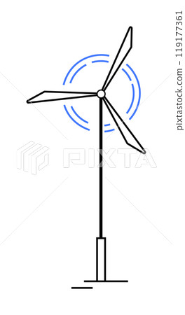 A tall wind turbine with three blades on a simple stand, with blue motion lines indicating rotation. Ideal for renewable energy, green technology, sustainability, environmental conservation, and clean 119177361