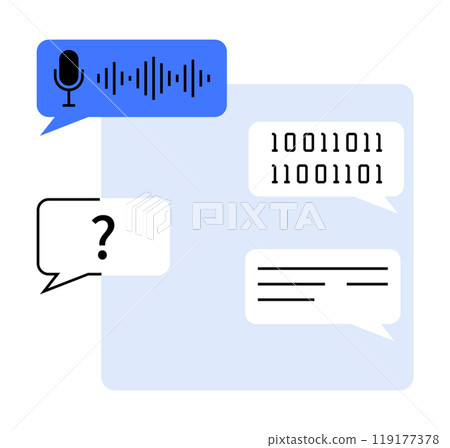 Multiple chat bubbles, one with a microphone icon and another with binary code, representing digital communication and AI. Ideal for technology, artificial intelligence, communication, data 119177378
