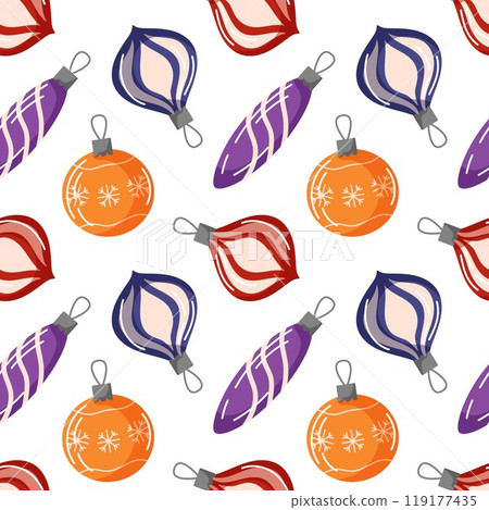 Christmas seamless pattern with tree balls in flat style. Vintage ornament background for design package, holiday, paper, decor. Christmas seamless pattern with tree balls in flat style. Vintage ornament background for design package, holiday, paper, decor. 119177435