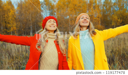 Happy two women friends in autumn park enjoying warm weather, stylish girlfriends smiling together 119177478