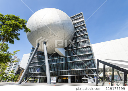 Building view of the Taipei Performing Arts Center in Taiwan. it's a modern building combining cube and sphere geometry. 119177599