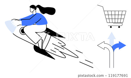 Person riding a rocket illustrates speed. Shopping cart and direction arrows highlight e-commerce choices. Ideal for themes like online shopping, decision making, speed, e-commerce, and technology 119177691