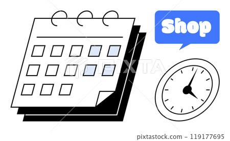 Calendar with marked days a clock and a shop text bubble Ideal for planning business schedules time management appointments and retail store hours. Simple design and minimalistic style Light blue 119177695