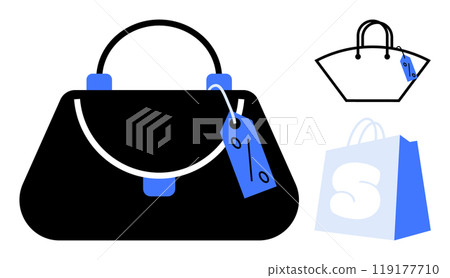 A black handbag with a blue discount tag. A simplified black and white version of the handbag and a light blue shopping bag are also shown. Ideal for fashion sales retail shopping promotions 119177710