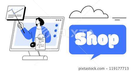 A person is presenting data on a monitor while holding a list, with a speech bubble reading Shop beside a cloud symbol. Ideal for e-commerce, online shopping guides, data analysis, digital marketing 119177713