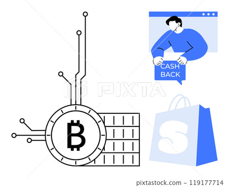 Elements include Bitcoin symbol connected to circuits, person holding cashback sign, and shopping bag. Ideal for e-commerce, cryptocurrency, online rewards, digital shopping, fintech promotions 119177714