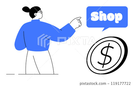 A person points towards a speech bubble with the word Shop and a dollar symbol. Ideal for online shopping, e-commerce, retail, digital marketing, and sales promotion. Simple, modern style A person points towards a speech bubble with the word Shop and a dollar symbol. Ideal for online shopping, e-commerce, retail, digital marketing, and sales promotion. Simple, modern style 119177722