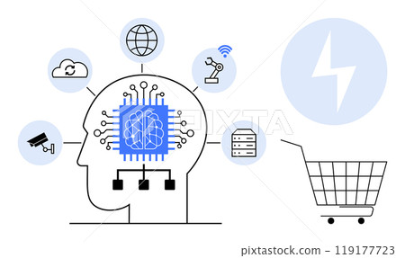 Human brain as a technological circuit connected to icons representing cloud computing, internet, robotics, data storage, and shopping cart. Ideal for AI, machine learning, technology, innovation Human brain as a technological circuit connected to icons representing cloud computing, internet, robotics, data storage, and shopping cart. Ideal for AI, machine learning, technology, innovation 119177723