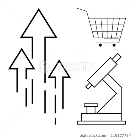 Three arrows pointing upwards, a shopping cart and a microscope. Ideal for business growth, e-commerce, science education, technology advancements and research breakthroughs. Simple line art style Three arrows pointing upwards, a shopping cart and a microscope. Ideal for business growth, e-commerce, science education, technology advancements and research breakthroughs. Simple line art style 119177724