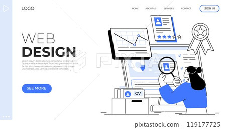 A woman analyzing profiles on a computer screen, with icons of CVs, charts, and a ribbon award. Ideal for recruitment, web design, digital marketing, professional development, data analysis A woman analyzing profiles on a computer screen, with icons of CVs, charts, and a ribbon award. Ideal for recruitment, web design, digital marketing, professional development, data analysis 119177725