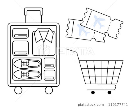 A detailed suitcase with neatly organized clothes and shoes beside an empty shopping cart and plane tickets. Ideal for travel planning, organization, shopping, packing tips, vacation preparation 119177741