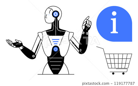 A humanoid robot points to a blue information symbol next to a shopping cart. Ideal for artificial intelligence, customer service, e-commerce, online shopping, futuristic technology. Minimalistic 119177787