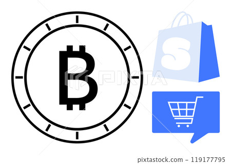 Black Bitcoin symbol inside a clock face next to blue shopping cart icon and shopping bag with S. Ideal for e-commerce platforms digital currency transactions online retail cryptocurrency shopping Black Bitcoin symbol inside a clock face next to blue shopping cart icon and shopping bag with S. Ideal for e-commerce platforms digital currency transactions online retail cryptocurrency shopping 119177795