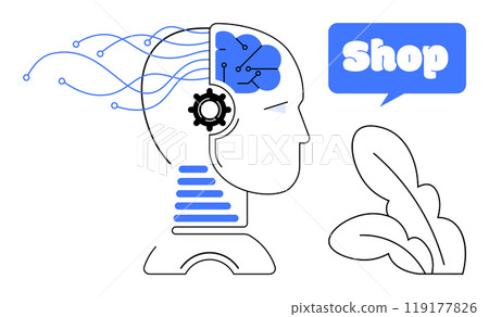 A human head with a digital brain and mechanical gears signifies AI integration. Ideal for technology, AI advancements, digital shopping, innovation, and electronic commerce. Futuristic, tech A human head with a digital brain and mechanical gears signifies AI integration. Ideal for technology, AI advancements, digital shopping, innovation, and electronic commerce. Futuristic, tech 119177826