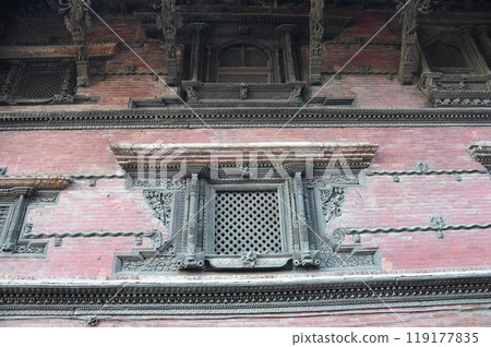 Newari carvings, windows of Hanumandhoka (former royal palace), Basantapur Square, Kathmandu, Nepal Newari carvings, windows of Hanumandhoka (former royal palace), Basantapur Square, Kathmandu, Nepal 119177835