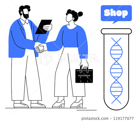 Two professionals shaking hands while holding documents and a briefcase. Test tube with DNA symbol and Shop icon. Ideal for business, biotechnology, genetics, agreement, and commercial operations Two professionals shaking hands while holding documents and a briefcase. Test tube with DNA symbol and Shop icon. Ideal for business, biotechnology, genetics, agreement, and commercial operations 119177877