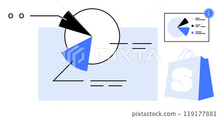 Shows a pie chart with blue segments, a shopping bag with a dollar symbol, and a smaller chart. Ideal for business presentations, financial reports, marketing, retail analytics, and e-commerce 119177881