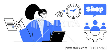 A businesswoman with glasses working on a laptop holds a pen, clock, and document. Shop and team collaboration icons visible. Ideal for business, productivity, management, retail, teamwork. Flat 119177882