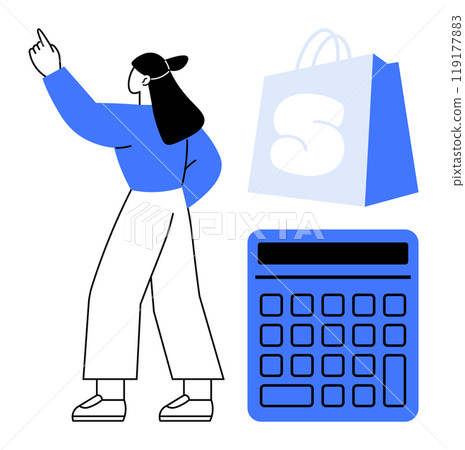 Woman pointing upwards with a shopping bag and a calculator. Ideal for online shopping budgeting financial planning e-commerce tutorials and consumer education. Simple modern style 119177883