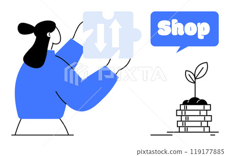 Woman holding puzzle piece with arrows in one hand, standing next to a stack of coins with a sprouting plant. Ideal for business growth, investment, startup, commerce, and teamwork themes. Clean 119177885
